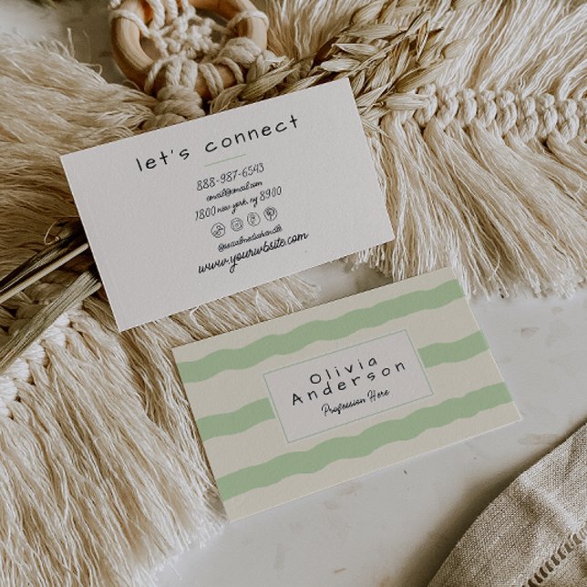 Carte De Visite Retro Green Cream Wavy Stripes tendance Boho (Créateur téléchargé)