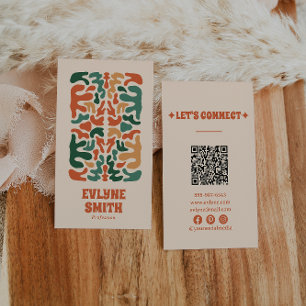 Carte De Visite Retro Green Orange QR Code Super Floral Boho