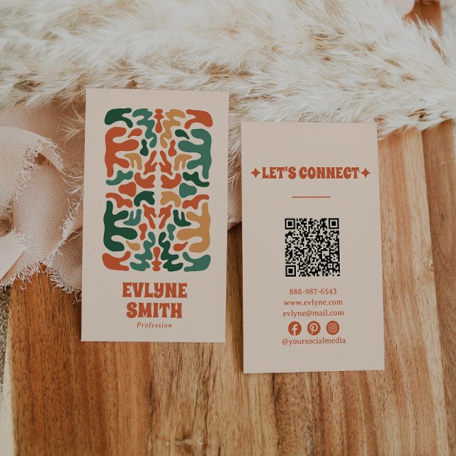 Carte De Visite Retro Green Orange QR Code Super Floral Boho (Créateur téléchargé)