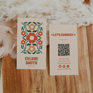 Carte De Visite Retro Green Orange QR Code Super Floral Fun Boho