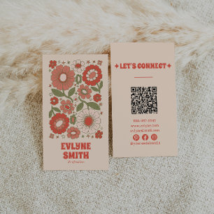 Carte De Visite Retro Green Red QR Code Super Floral Funky Boho