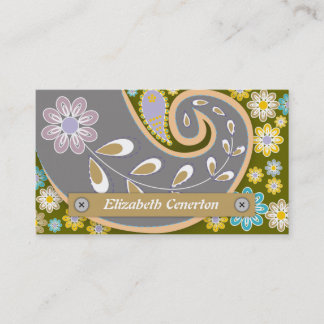 Carte De Visite Retro gris, olives vert paisley motif floral