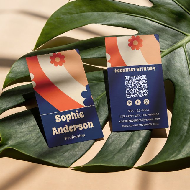Carte de visite rétro groovy florale avec code QR (Créateur téléchargé)