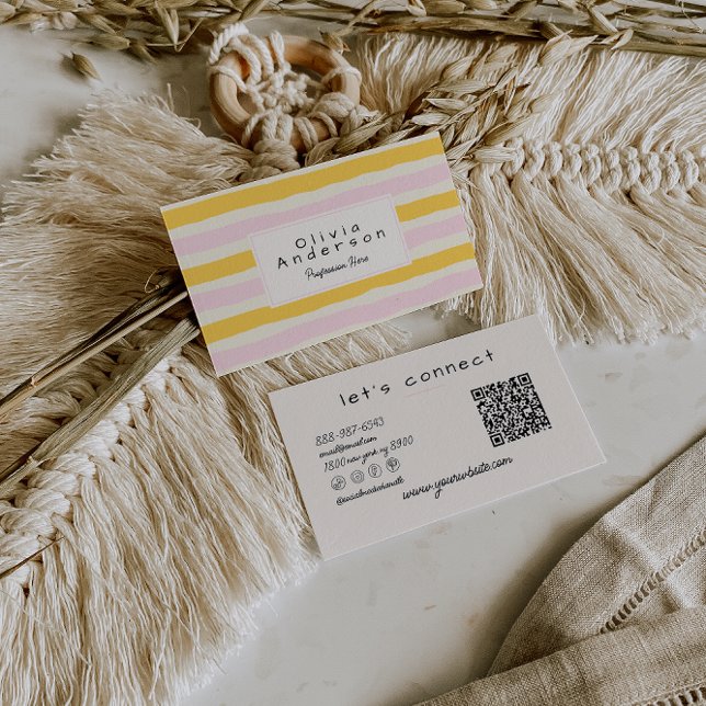 Carte De Visite Retro Hand Drawn Pink Yellow Stripes QR Code Boho (Créateur téléchargé)