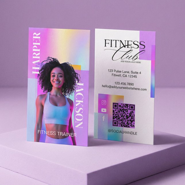 Carte De Visite Retro Iridescent Holographic Fitness Trainer Photo (Retro Iridescent Holographic Fitness Trainer Photo Business Card)