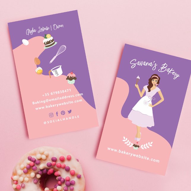 Carte De Visite Retro Jolie femme Doux boulangerie Services Rose (Créateur téléchargé)