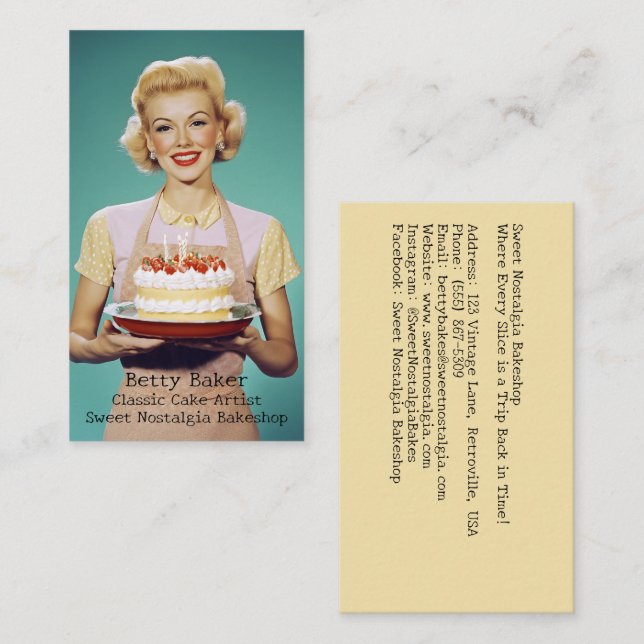 Carte De Visite Retro Maman tient un gâteau de fête (Devant / Derrière)