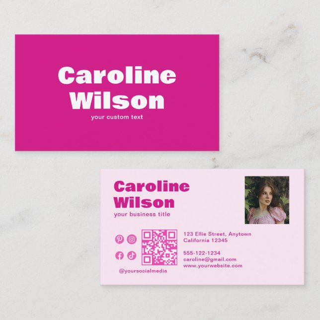 Carte De Visite Retro Modern Hot Pink Professional Photo Code QR (Devant / Derrière)