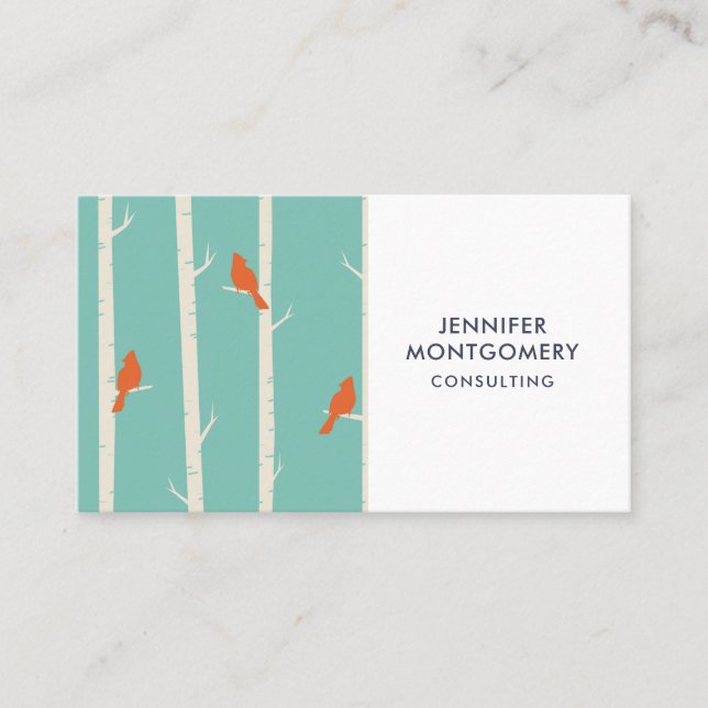 Carte De Visite Rétro Orange Birds on Birch Trees (Devant)