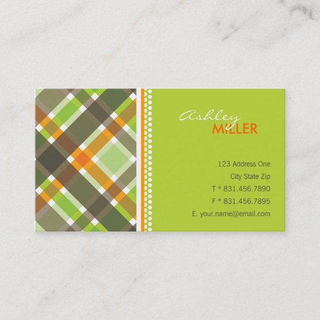 Carte De Visite Retro Orange Green Chèques Plaid Motif Moderne (Devant)