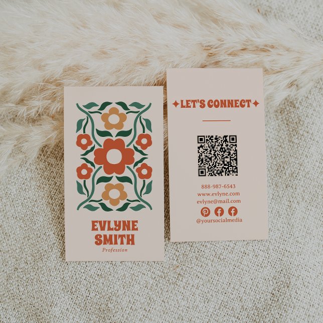 Carte De Visite Retro Orange Green QR Code Super Floral Boho (Créateur téléchargé)