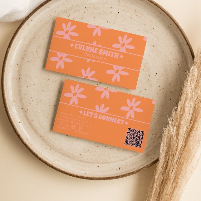 Carte De Visite Retro Orange Pink QR Code 70s Groovy Floral Girly (Créateur téléchargé)