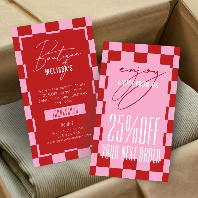 Carte De Visite Retro Pink Business Next Order Discount Voucher (Créateur téléchargé)