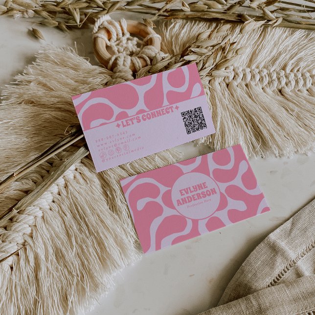 Carte De Visite Retro Pink Pastel QR Code 70s Groovy Girly Trendy (Créateur téléchargé)