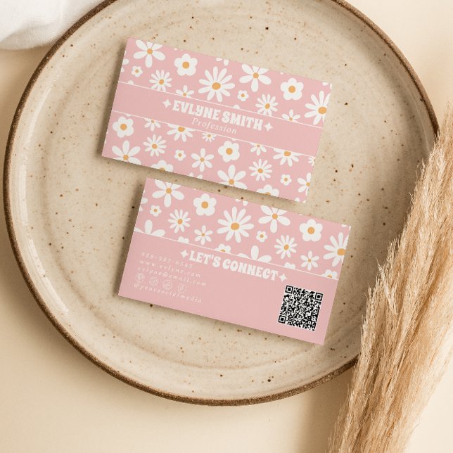 Carte De Visite Retro Pink QR Code Groovy Floral Boho Girly Unique (Créateur téléchargé)
