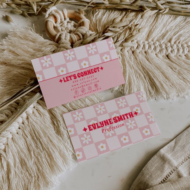 Carte De Visite Retro Pink Red Checkered Groovy Floral Boho Trendy (Créateur téléchargé)
