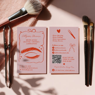 Carte De Visite Retro Pink Red Doodles Brow Artist QR Code