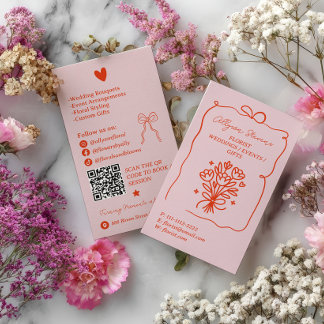 Carte De Visite Retro Pink Red Doodles Florist Artist QR Code