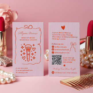 Carte De Visite Retro Pink Red Doodles Makeup Artist QR Code