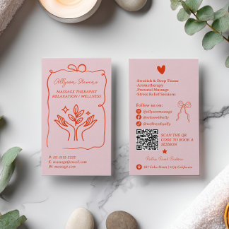Carte De Visite Retro Pink Red Doodles Massage Therapist QR Code