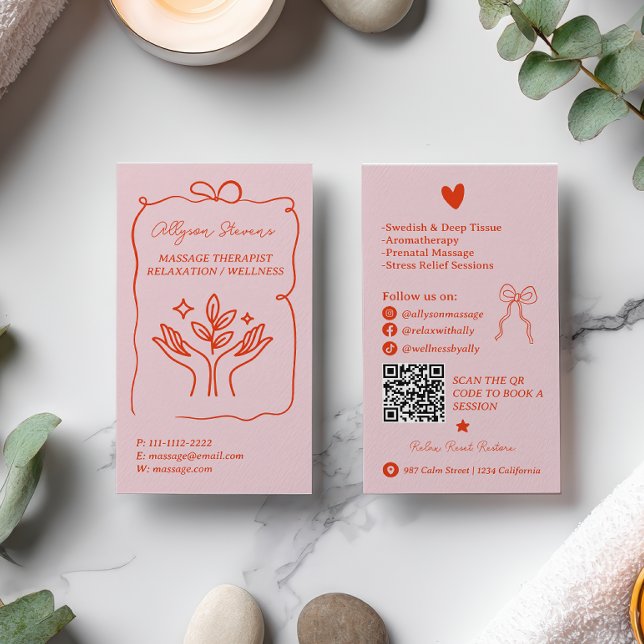 Carte De Visite Retro Pink Red Doodles Massage Therapist QR Code (Retro Pink Red Doodles Massage Therapist QR Code Business Card)