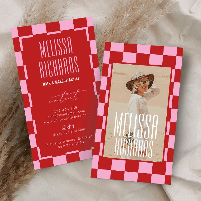 Carte De Visite Retro Pink Red Groovy Beauty Salon Custom Photo (Créateur téléchargé)