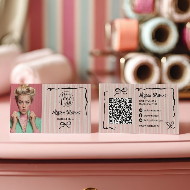 Carte De Visite Retro Pink Striped Quirky Hair photo qr code Logo (Retro Pink Striped Quirky Hair photo qr code Logo Business Card)