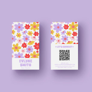 Carte De Visite Retro Purple QR Code Super Floral Girl Boho