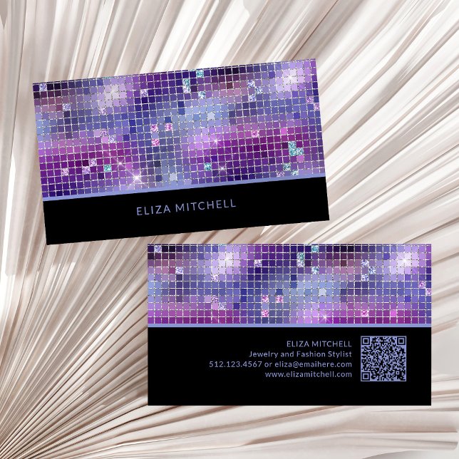 Carte De Visite Rétro Purple Rose Bleu Disco Ball Mirror | Code QR (A glam, retro disco-inspired business card in purple, blue and pink with bold black and a QR code)