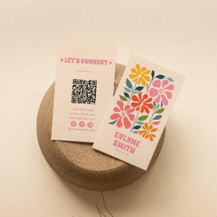Carte De Visite Retro rose Orange QR Code Super Floral Girl Boho