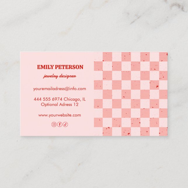 carte de visite rétro rouge À damiers rose (Dos)