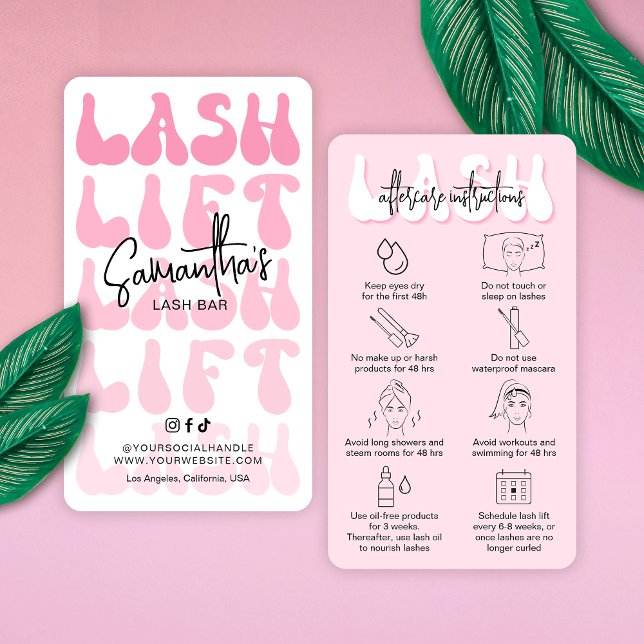 Carte De Visite Retro Salon branché avec ascenseur à lash rose & T (Trendy Retro Pint Lash Lift Aftercare instructions cards that are sure to impress your clients)