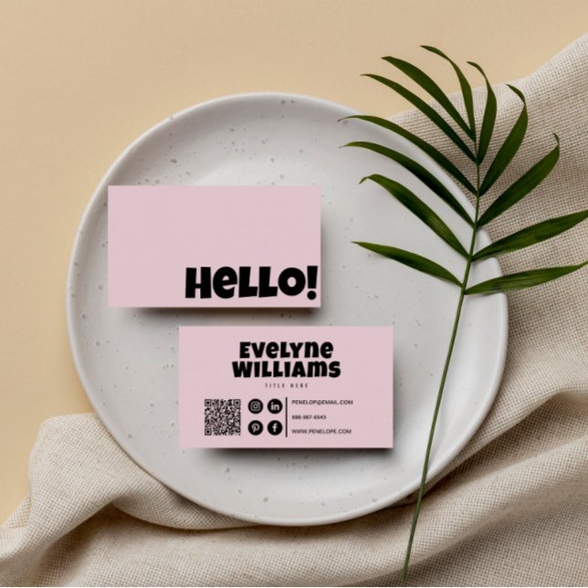Carte De Visite Retro Super Blush Rose QR Code Boho Girl Bonjour (Créateur téléchargé)