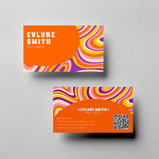 Carte De Visite Retro Super Orange QR Code les années 70 Psychedél (Créateur téléchargé)