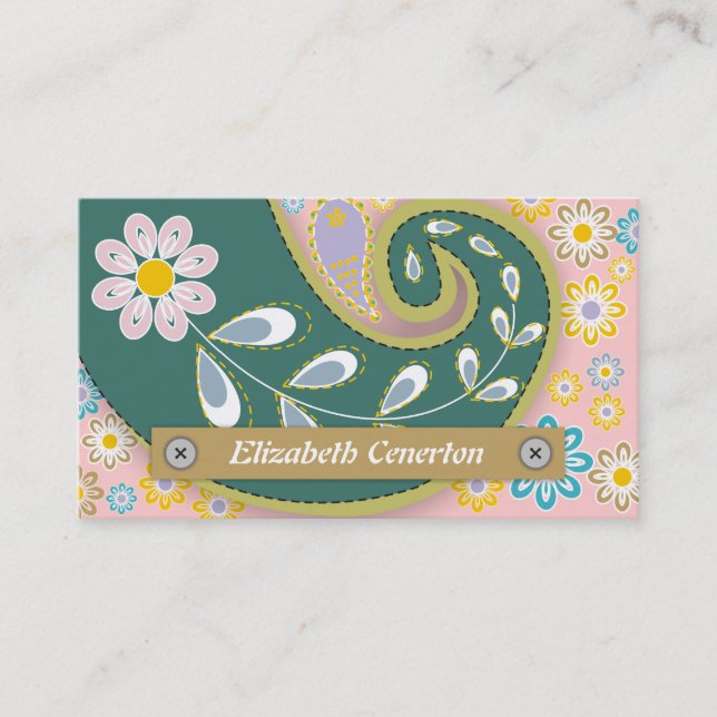 Carte De Visite Retro turquoise, motif cachemire rose (Devant)