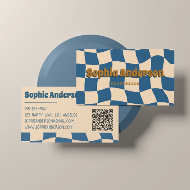 Carte De Visite Rétro Vague Damier Funky Bleu Beige (Créateur téléchargé)