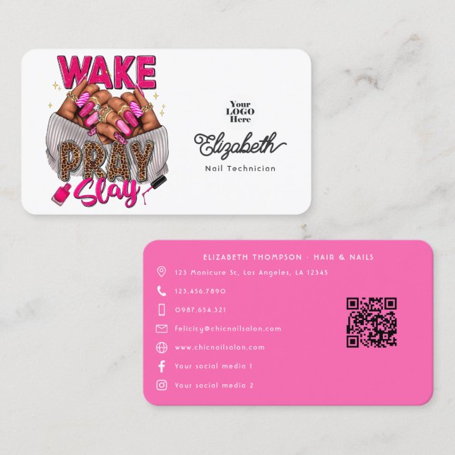 Carte De Visite Réveil Rose Chaud, Prière, Salon À ongles Épinglé (Devant / Derrière)