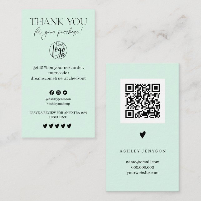 Carte De Visite Review Simple ment green order merci (Devant / Derrière)