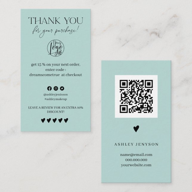 Carte De Visite Review Simple noir et turquoise ordre merci (Devant / Derrière)