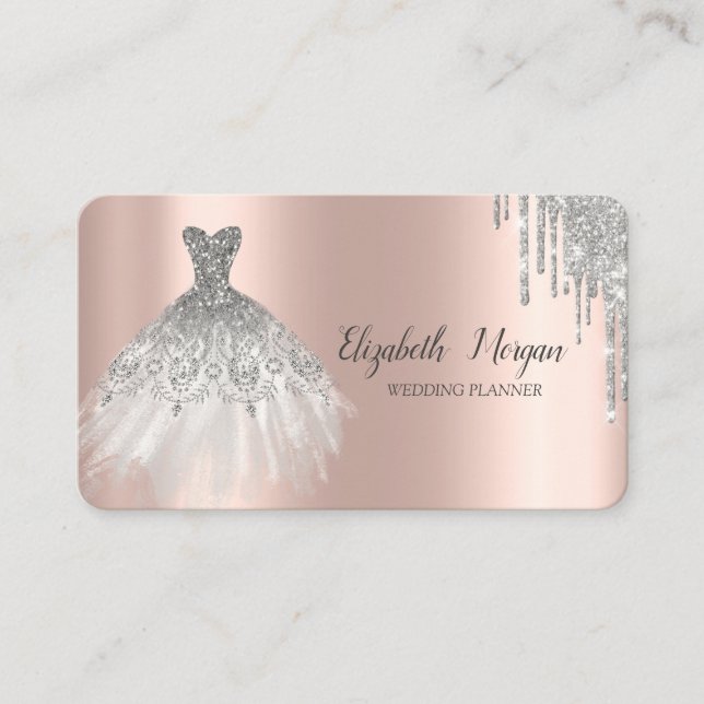 Carte De Visite Robe argentée chic paillettes gouttes rose or (Devant)