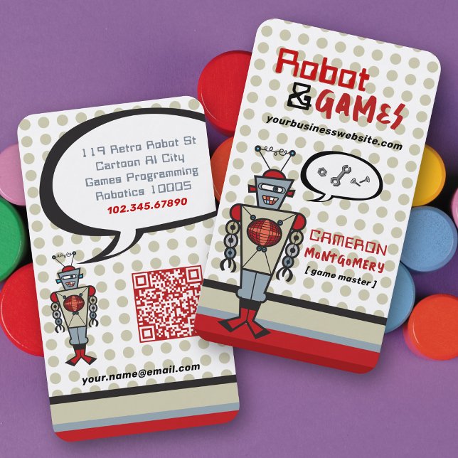 Carte De Visite Robot rouge rétro et jeux pour enfants - Écrous et (Retro Red Robot & Games Kids Cartoon Nuts & Bolts Business/Profile Card @ fatfatin_mini_me)