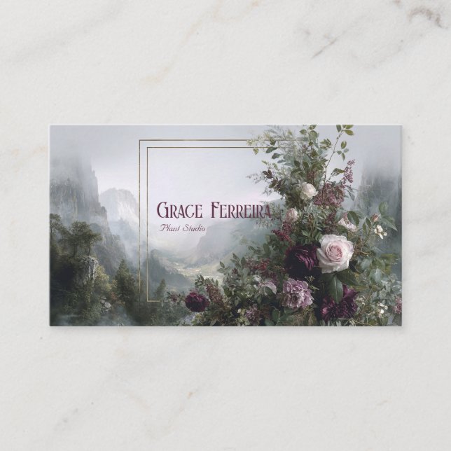 Carte De Visite Romantic Floral Misty Mountain Valley Gold Frame (Devant)