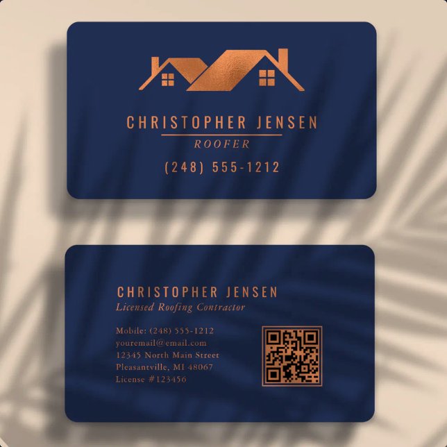 Carte De Visite Roofer QR Code Navy Blue Copper Rounded Roofing (Créateur téléchargé)