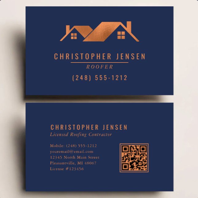 Carte De Visite Roofer QR Code Roofing Business Navy Blue Copper (Créateur téléchargé)