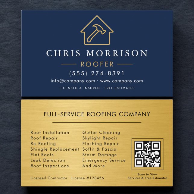 Carte De Visite Roofing Professional Navy Blue QR Code (Créateur téléchargé)