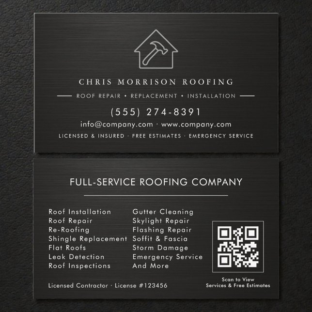 Carte De Visite Roofing Service QR Code Metallic (Créateur téléchargé)