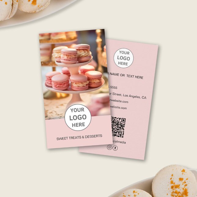 Carte de visite rose avec QR code photo de logo pe (Custom Logo Photo QR Bakery Pink Business Card)