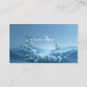 Carte De Visite Rose blanche et croissant de lune sur la montagne 