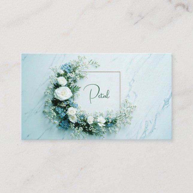 Carte De Visite Rose Blanche Immaculée et Marbre Floral Bleu (Devant)