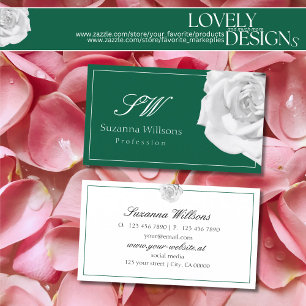 Carte De Visite Rose blanche sur vert avec Initiales simple